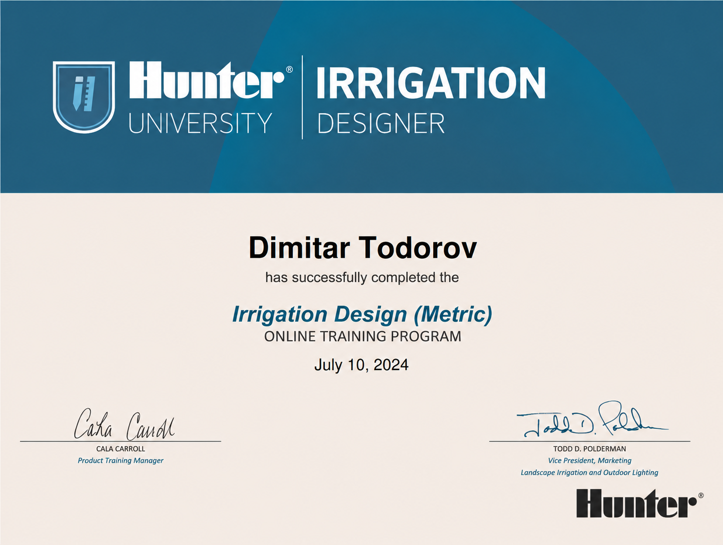 Hunter University Irrigation Design Certificate